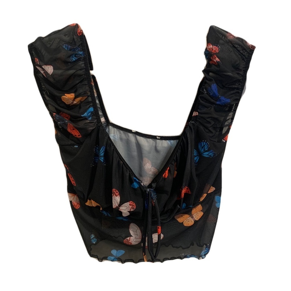 💜 Sheer Black Butterfly Print Ruched Crop Top - Puffed Sleeves-Small